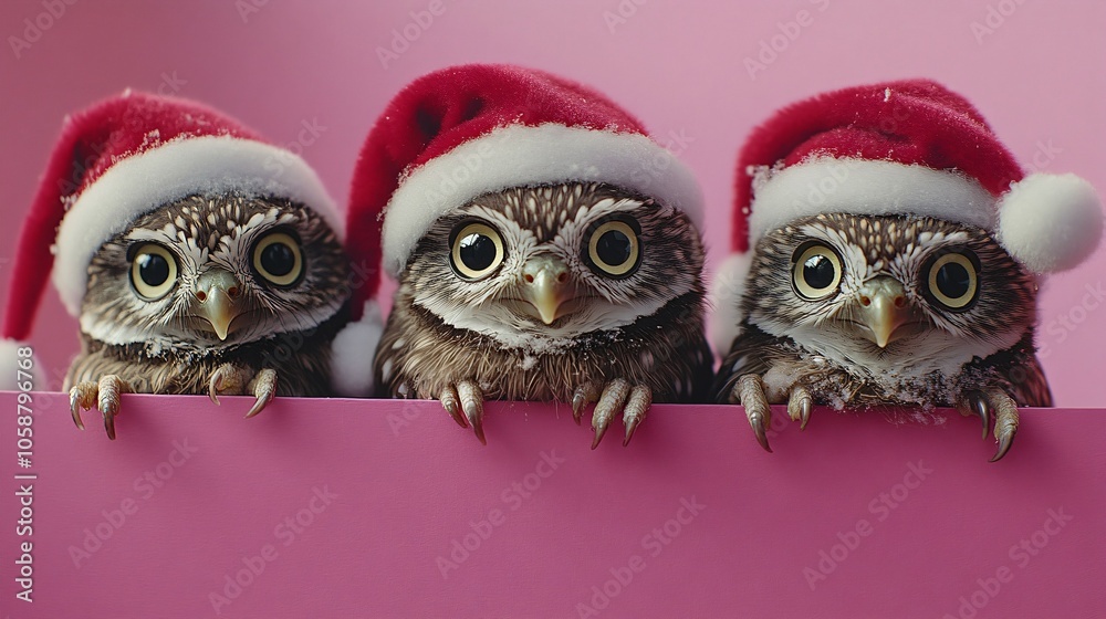 Fototapeta premium Three cute owls in santa hats peek over a pink surface, embodying festive new year and christmas