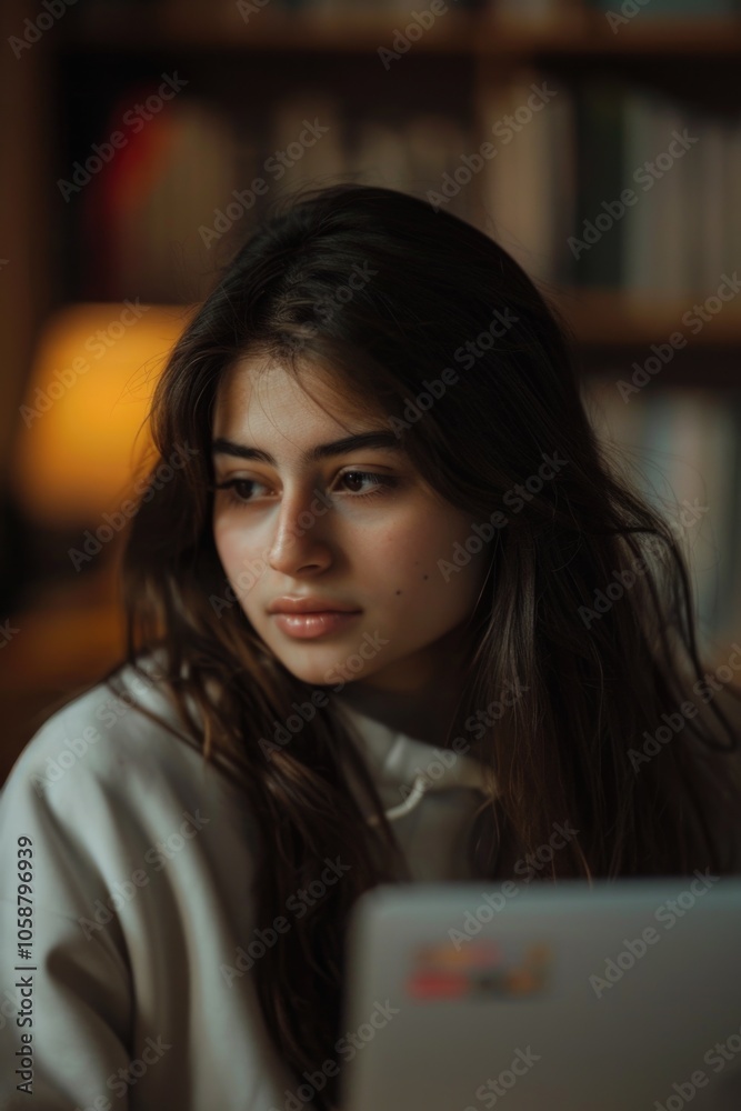 A woman sits in front of a laptop, focused on her work or personal activity A woman sits in front of a laptop, focused on her work or personal activity