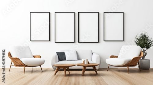 Modern living room with white armchairs, gray sofa, wooden coffee tables, four blank picture frames, and a potted plant on a wooden floor.