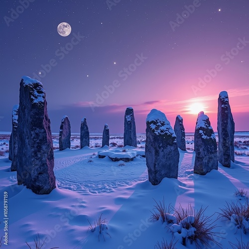 Snowy standing stones under moonlit purple sky