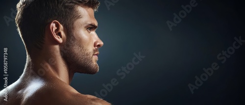  A tight shot of a shirtless man gazing off-camera with a grave expression, revealing defined pectoral muscles