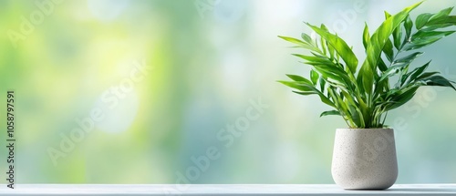  A potted plant atop a table, against a hazy backdrop of green foliage in a white vase