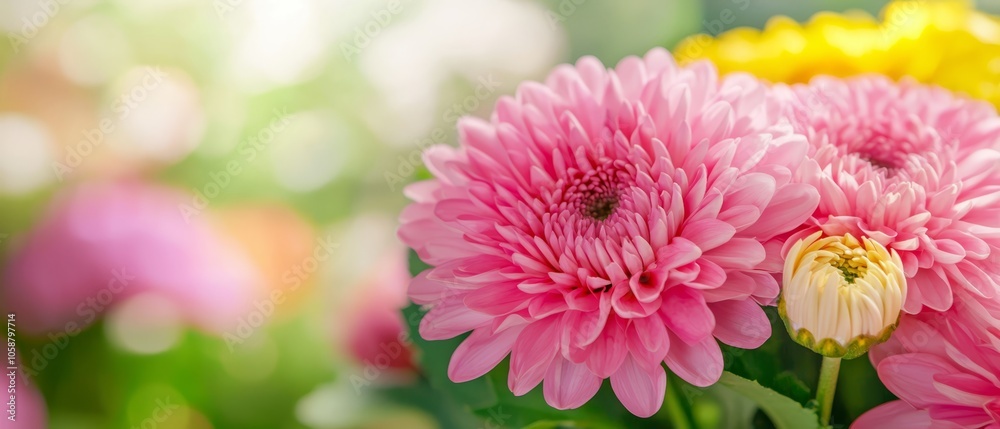 Fototapeta premium A tight shot of a multitude of pink and yellow blossoms against a softly blurred backdrop of similar hued flowers