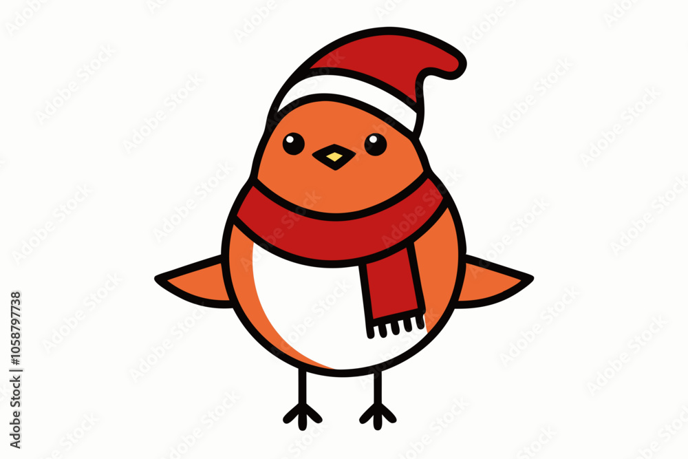 Naklejka premium Vector Outline of A cute Robin wearing a Santa clause hat and scarf on white background.