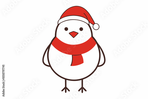  Vector Outline of A cute Robin wearing a Santa clause hat and scarf on white background.