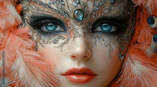 intricate close-up of venetian masquerade masks adorned with feathers, jewels, and elaborate designs, conveying mystery and elegance, inviting viewers into the enchanting world of masquerade balls