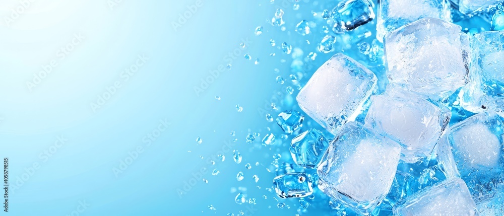 Blue backdrop featuring an assemblage of ice cubes and surrounding water droplets in splash Text area available Blue backdrop featuring an assemblage of ice cubes and surrounding water droplets in splash Text area available
