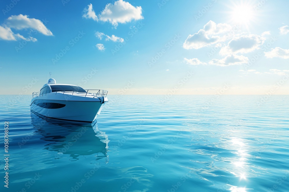 Fototapeta premium A serene boat floats on calm turquoise waters under a bright blue sky at midday in a tranquil ocean setting