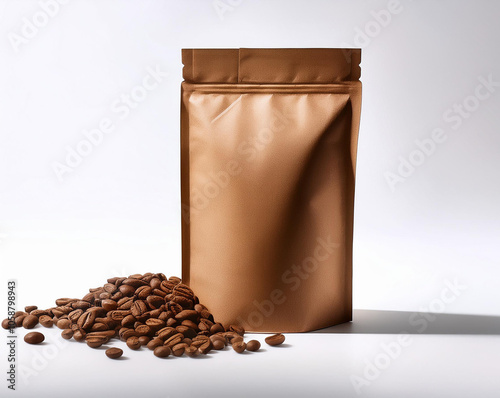 COFFEE BEANS WITH POCUH PACKAGING, KRAFT POCUH PACKAGING photo