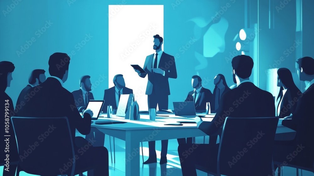 Silhouetted professionals in a high-tech meeting room with digital devices and blue lighting Silhouetted professionals in a high-tech meeting room with digital devices and blue lighting