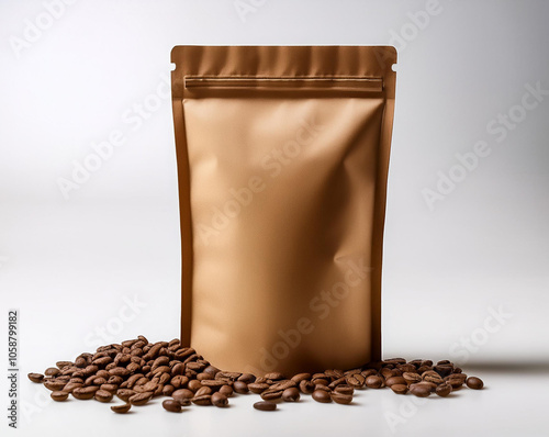 COFFEE BEANS WITH POCUH PACKAGING, KRAFT POCUH PACKAGING photo