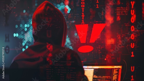 Hacker in the Red Light of a Computer Screen