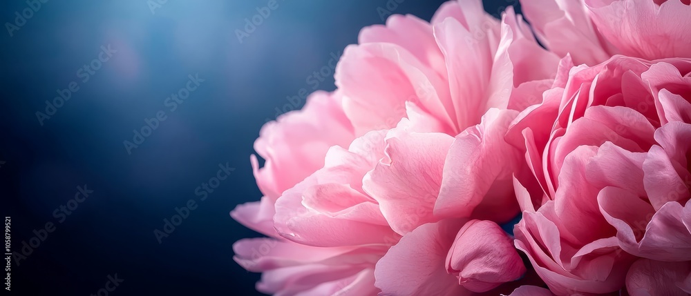 A pink flower in focus against a blue backdrop, softly blurred center A pink flower in focus against a blue backdrop, softly blurred center