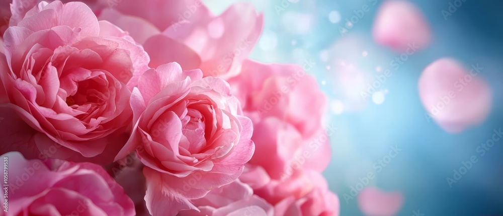 A table is adorned with numerous pink blooms atop a blue-pink cloth, accompanied by bubbling water A table is adorned with numerous pink blooms atop a blue-pink cloth, accompanied by bubbling water