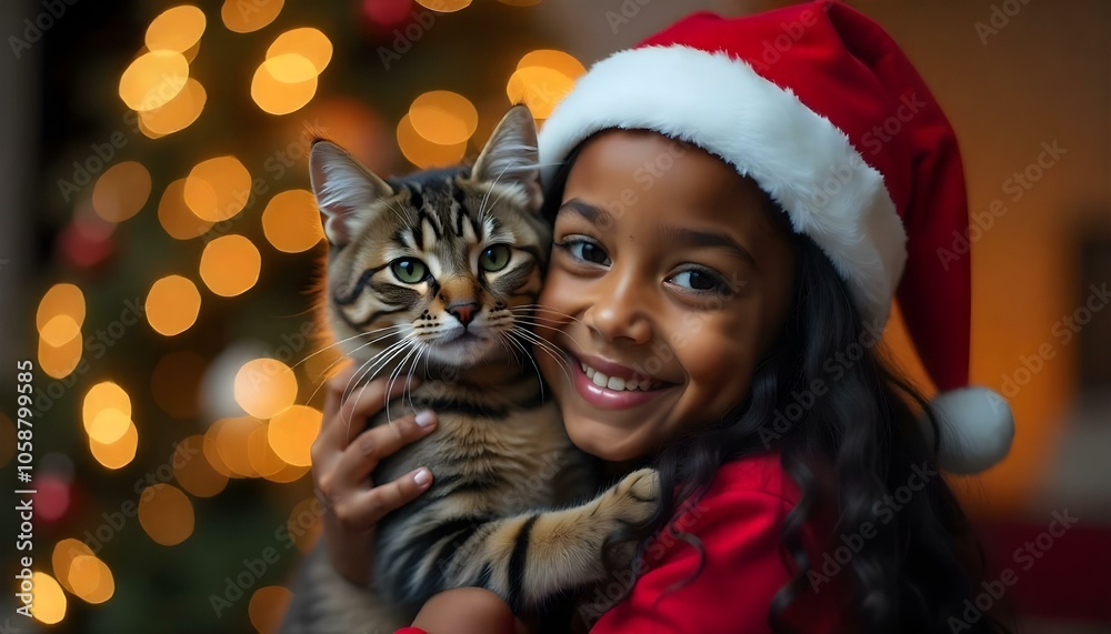 A young black African girl wearing a Santa hat, holding a cat to her face in front of a blurred Christmas lights background A young black African girl wearing a Santa hat, holding a cat to her face in front of a blurred Christmas lights background