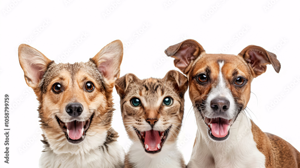 Portrait of two cute dogs and a cat isolated against a white background. Portrait of two cute dogs and a cat isolated against a white background.