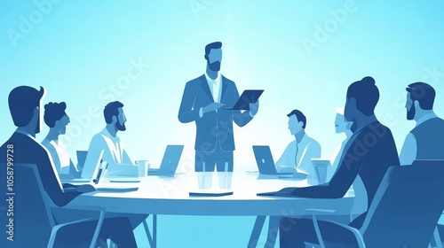 High-tech meeting room with silhouetted business team using digital devices, blue tones