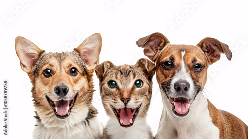 Portrait of two cute dogs and a cat isolated against a white background.