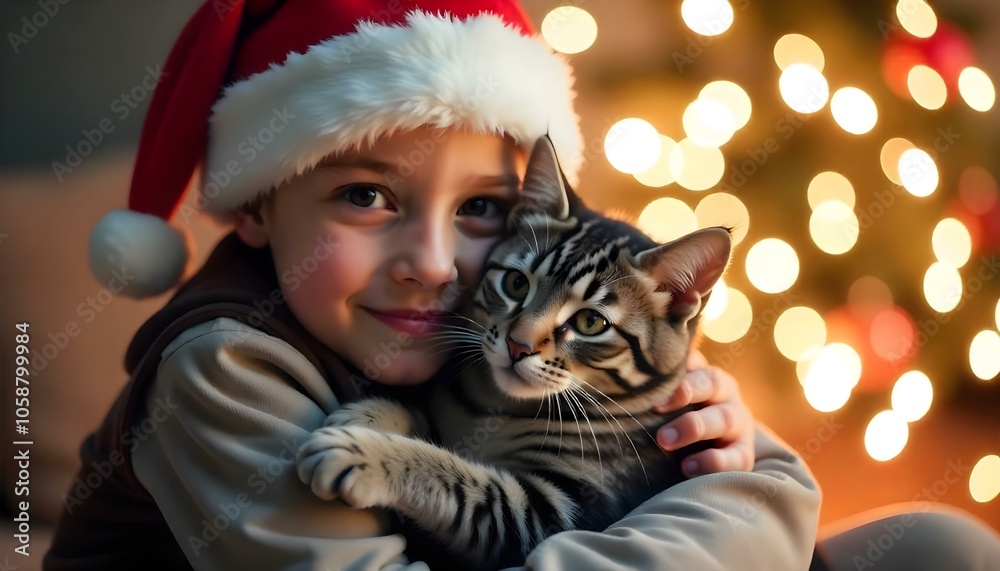 A young cauasian boy wearing a Santa hat, holding a cat to her face in front of a blurred Christmas lights background A young cauasian boy wearing a Santa hat, holding a cat to her face in front of a blurred Christmas lights background