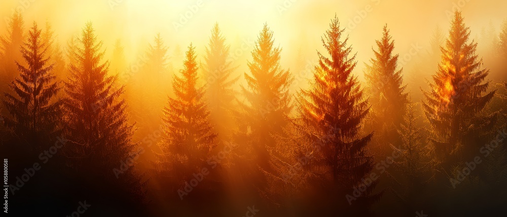A forest teeming with tall trees beneath a sun-kissed, yellow sky, illuminated by beams of sunlight filtering through tree tops A forest teeming with tall trees beneath a sun-kissed, yellow sky, illuminated by beams of sunlight filtering through tree tops