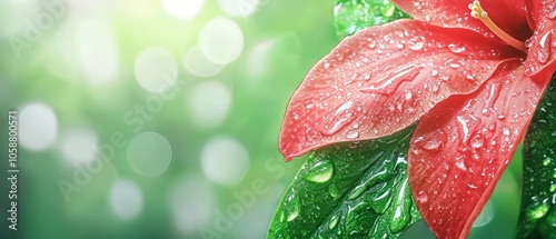  Close-up of a red flower with water droplets on its petals against a green, leafy background
