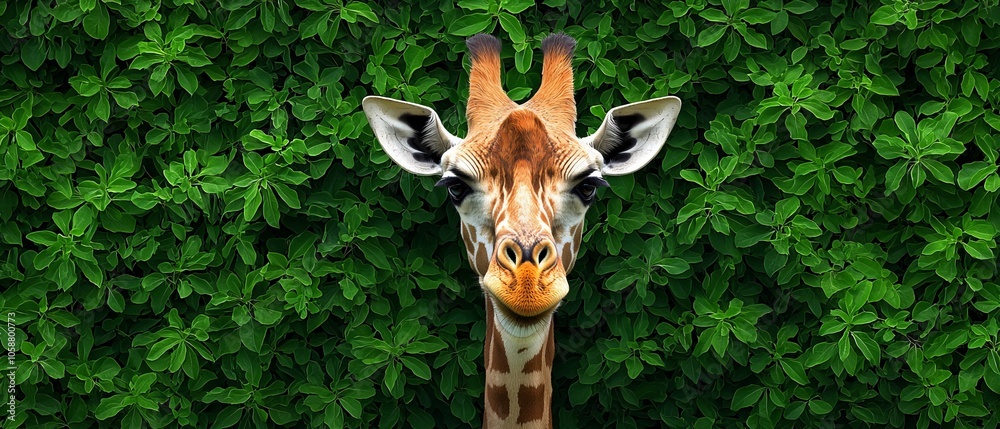 Fototapeta premium A tight shot of a giraffe's face against a lush green backdrop of bushes and foliage