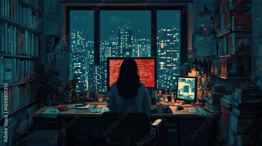 A woman sits at her desk, working late into the night in a room overlooking a city skyline. A woman sits at her desk, working late into the night in a room overlooking a city skyline.