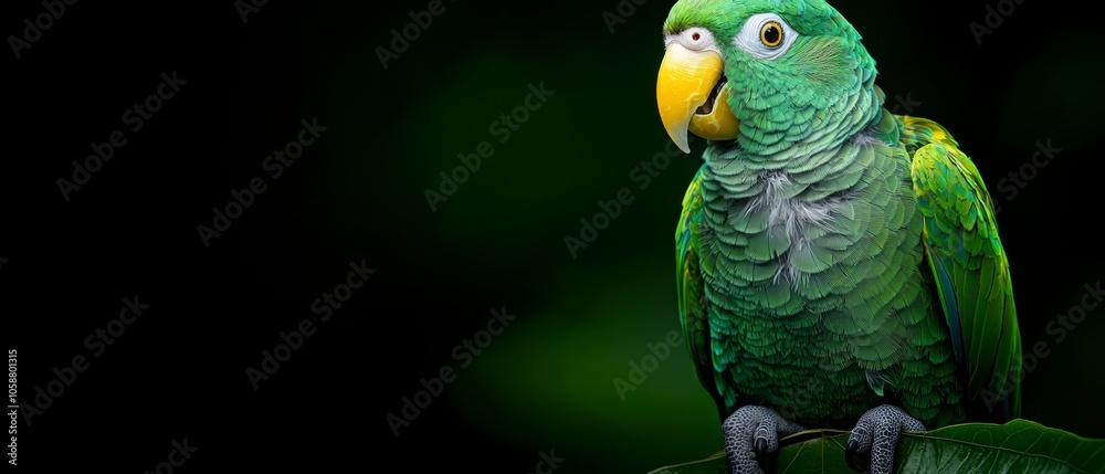 Obraz premium A tight shot of a green parrot perched on a branch against a dark green background A nearby green leaf occupies the foreground
