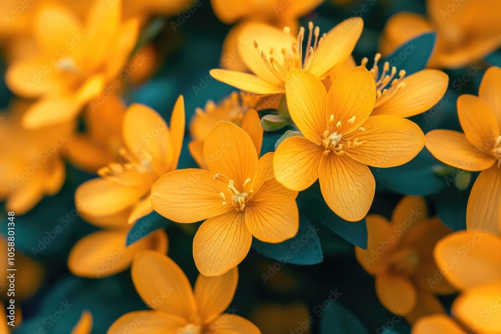 A close-up view of a cluster of bright yellow flowers with green leaves