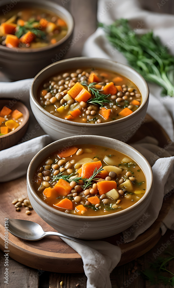 A hearty bowl of vegetable soup filled with lentils, carrots, and herbs, perfect for a comforting and nutritious meal. A hearty bowl of vegetable soup filled with lentils, carrots, and herbs, perfect for a comforting and nutritious meal.