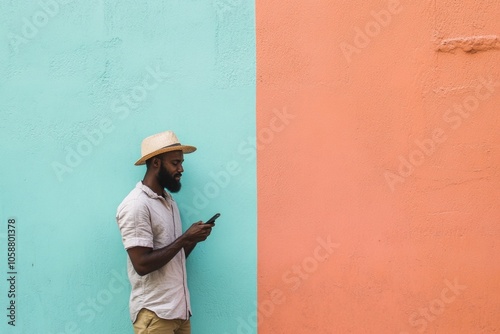 A person holding a mobile device near a wall, likely waiting in line or taking a call