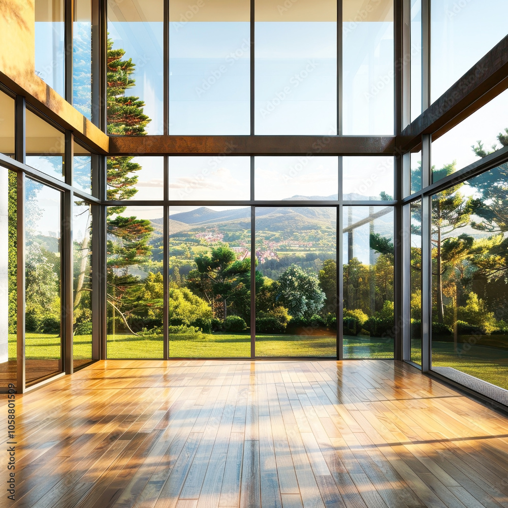 Modern living space with panoramic views of lush green landscape and mountains Modern living space with panoramic views of lush green landscape and mountains