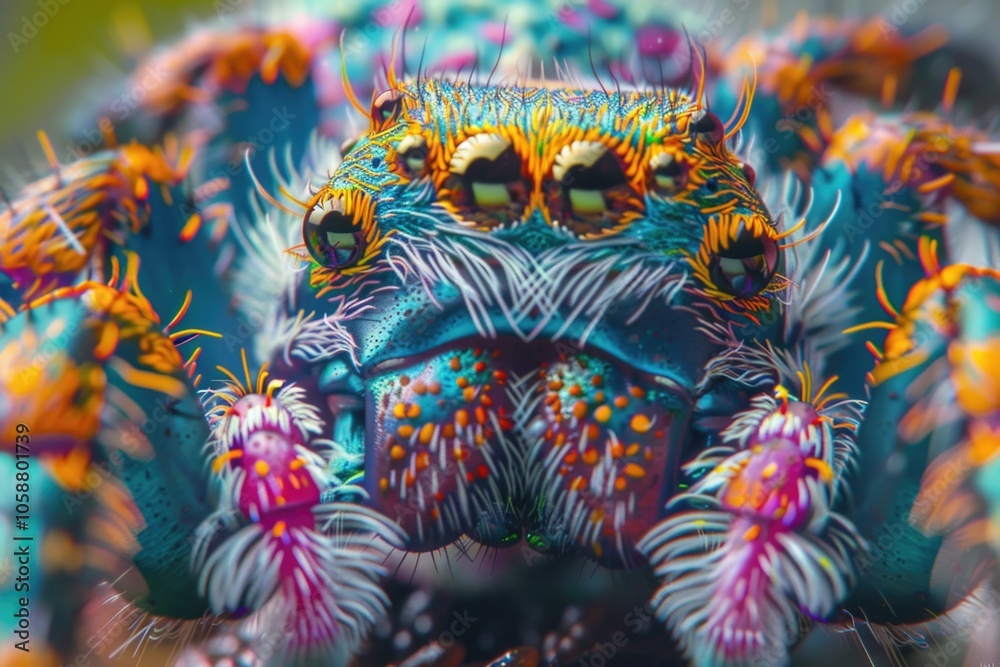 A colorful spider sits on top of a plant, ready to catch its prey A colorful spider sits on top of a plant, ready to catch its prey