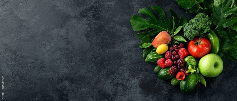 A heart-shaped arrangement of fruits and veggies against a dark backdrop, adorned with verdant leaves or Fruits and veggies forming a heart shape A heart-shaped arrangement of fruits and veggies against a dark backdrop, adorned with verdant leaves or Fruits and veggies forming a heart shape