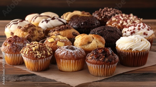 A variety of fresh bakery muffins arranged on a wooden table, creating an inviting scene for anyone who appreciates delightful bakery muffins. Ample copy space surrounds the bakery muffins.