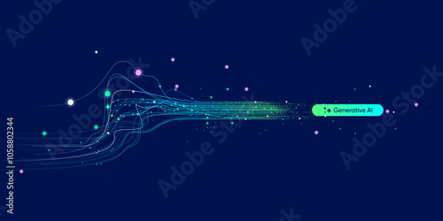Illustration of abstract stream information with cyan line and dot. Big data, technology, AI, data transfer, data flow, large language model, generative ai