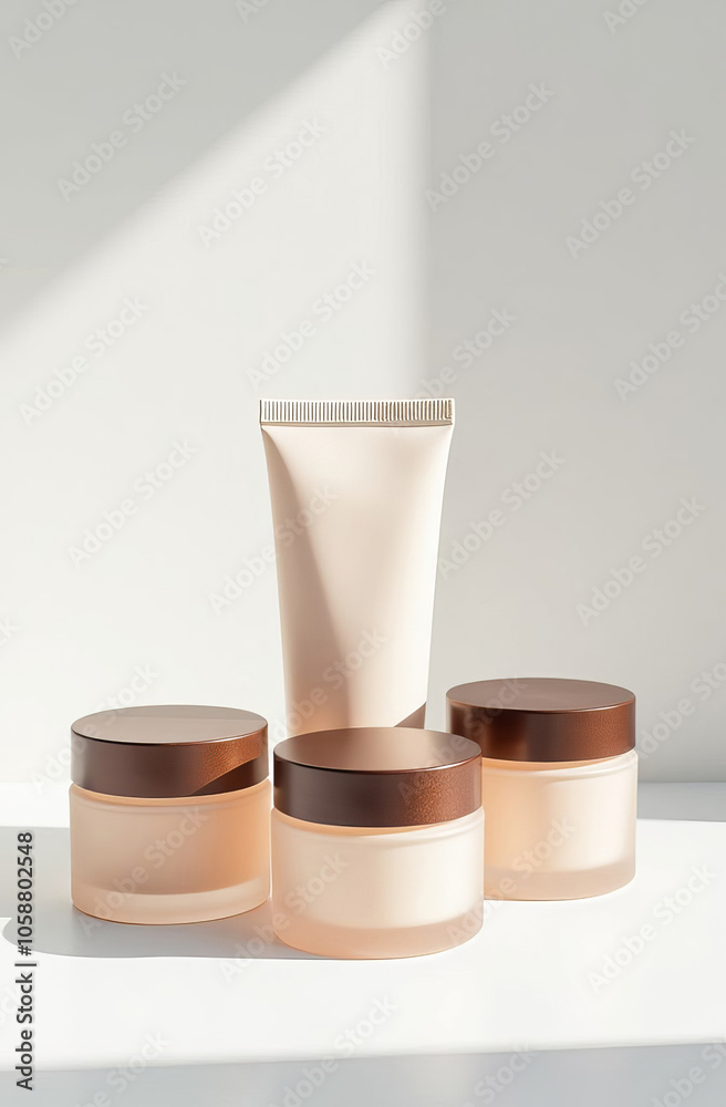 Set of jars and tubes for cosmetics without labels, podium, mockup. Light background, shadows. Set of jars and tubes for cosmetics without labels, podium, mockup. Light background, shadows.
