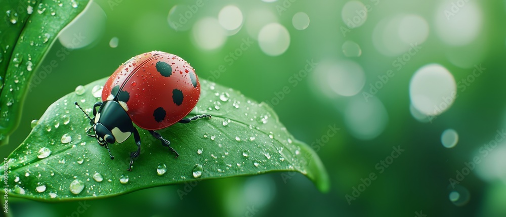  A ladybug atop a damp green leaf against a backdrop of lush greenery, with water beads adorning the leaf surface