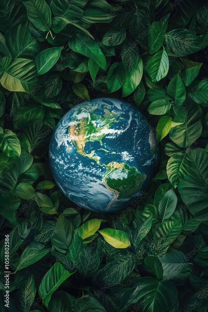 Image of the Earth surrounded by lush green leaves, suitable for environmental or ecological themes