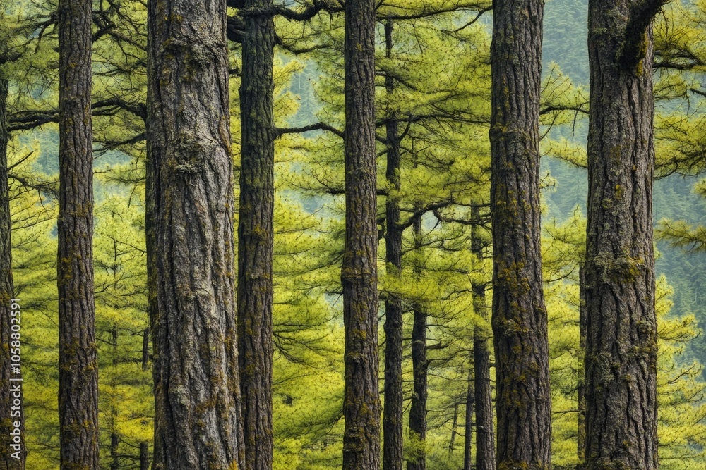 Obraz premium A dense forest with many tall green trees, great for outdoor or nature scenes