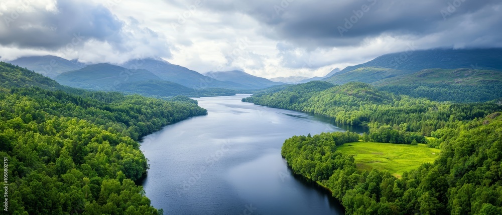 A large body of water is surrounded by lush green hills and a forest of similar hue on its opposite shore A large body of water is surrounded by lush green hills and a forest of similar hue on its opposite shore