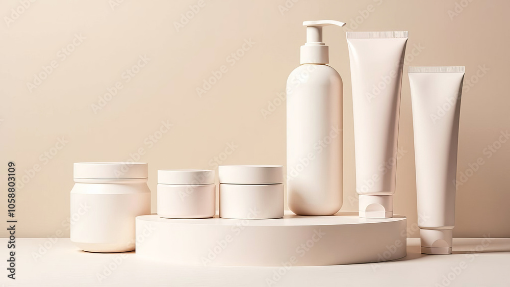 Set of jars and tubes for cosmetics without labels, podium, mockup. Light background, shadows. Set of jars and tubes for cosmetics without labels, podium, mockup. Light background, shadows.