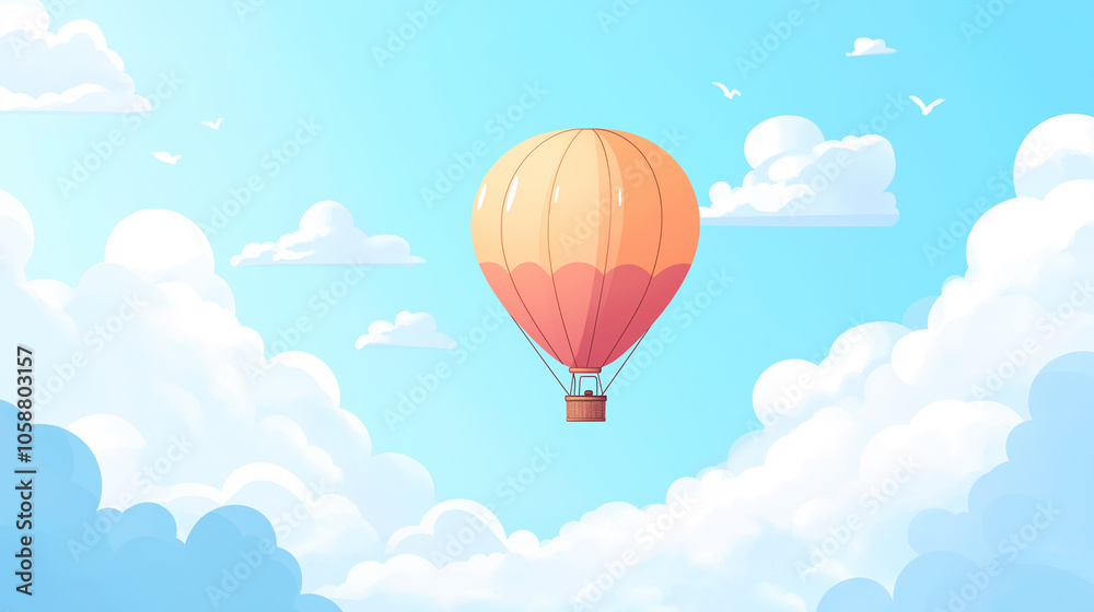 Hot air balloon soaring in a clear blue sky filled with fluffy white clouds, symbolizing freedom and adventure, with space for text or copy. Hot air balloon soaring in a clear blue sky filled with fluffy white clouds, symbolizing freedom and adventure, with space for text or copy.