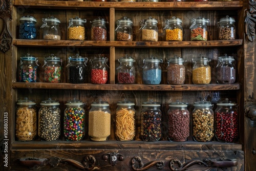 A colorful display of various food items on a shelf