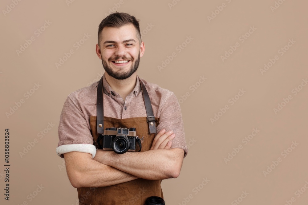 A person wearing an apron and holding a camera, ready to capture moments A person wearing an apron and holding a camera, ready to capture moments