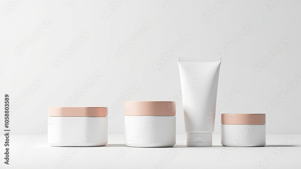 Set of jars and tubes for cosmetics without labels, podium, mockup. Light background, shadows.