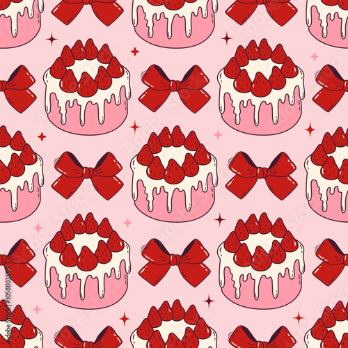 Seamless vector pattern with cute bento strawberry cake and red bows. Girly dessert on pink background. Hand drawn doodle coquette texture for wallpaper, wrapping paper, textile design
