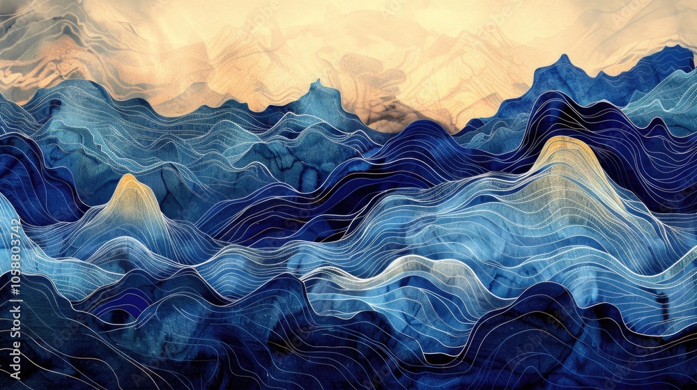 Mountain Art. Hand-Painted Abstract Lines Illustration of Earth in Blue Design Mountain Art. Hand-Painted Abstract Lines Illustration of Earth in Blue Design