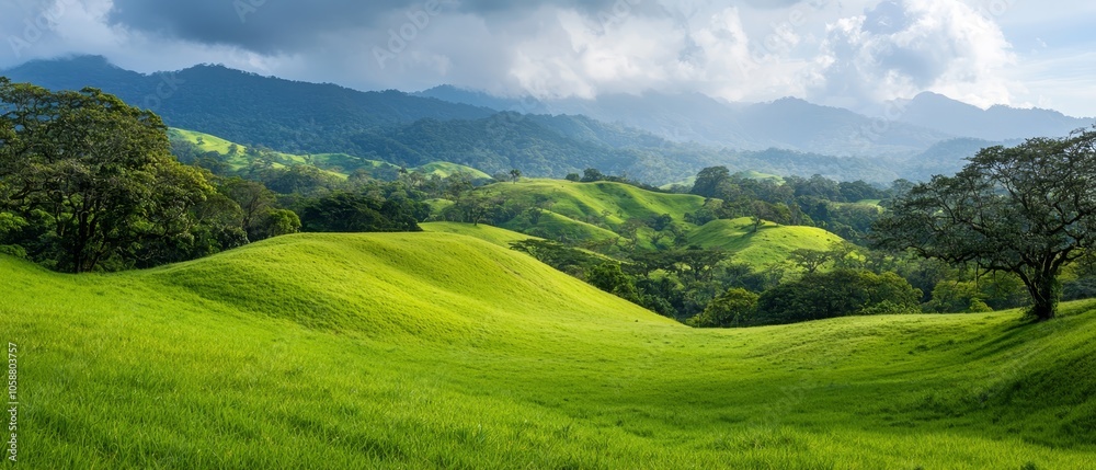 A lush, green hillside dotted with trees in the foreground Beyond, towering mountains with a distant mountain range Sky adorned with clouds A lush, green hillside dotted with trees in the foreground Beyond, towering mountains with a distant mountain range Sky adorned with clouds