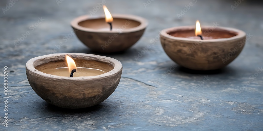 Three Burning Candles in Clay Bowls Smooth Blue Background with Copy Space for Advertisements Three Burning Candles in Clay Bowls Smooth Blue Background with Copy Space for Advertisements